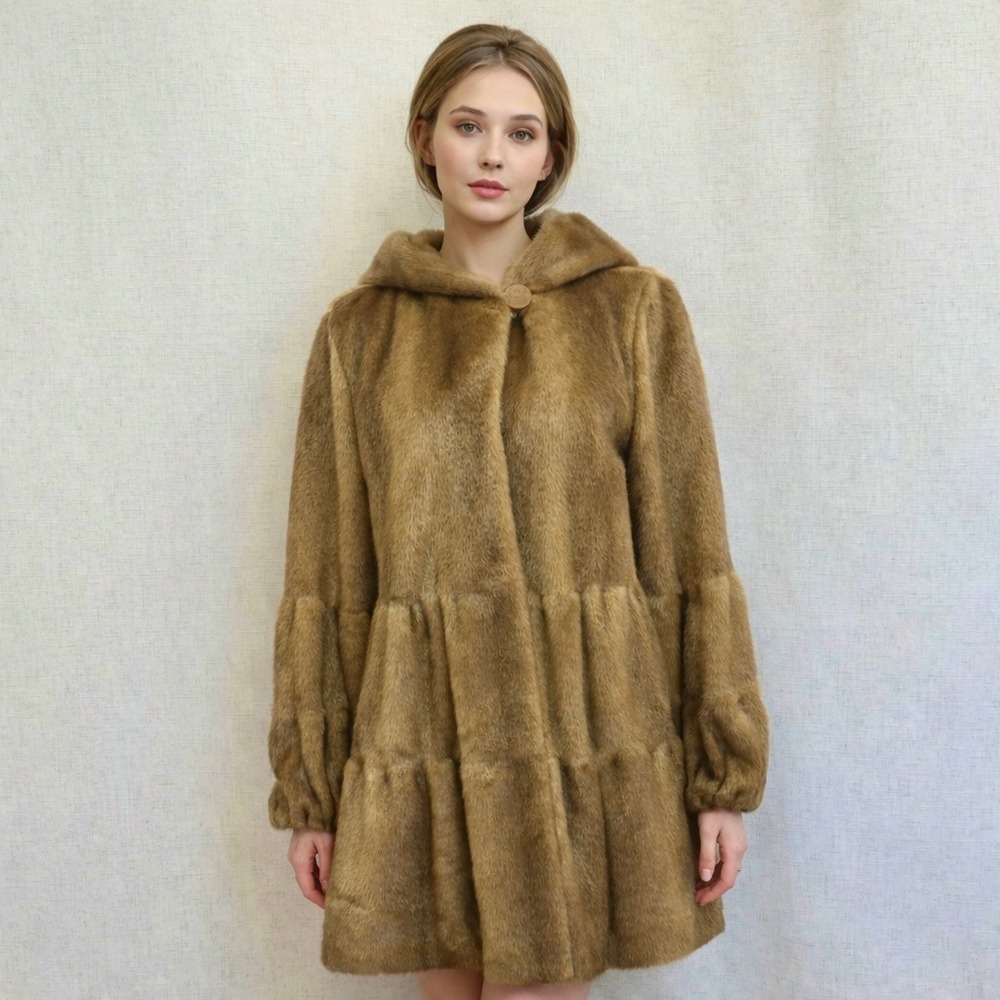 Jones New York Faux Mink‎ Fur Hooded Swing Coat Brown Tiered Ruffle Hem Medium